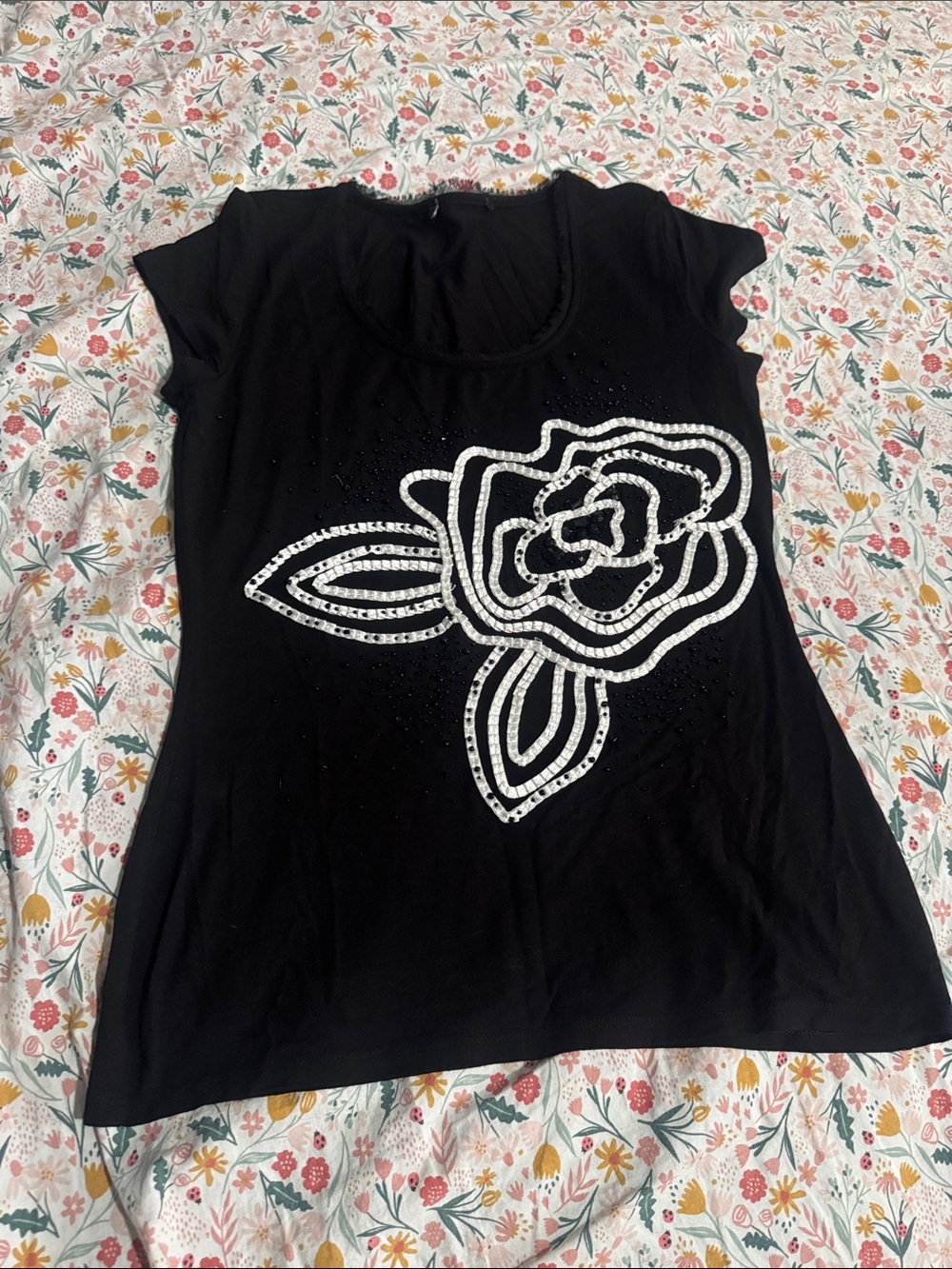 Laura Ashley Black Short-Sleeve Tee with Silver Floral Sequin Design